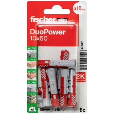 Packung mit acht Fischer DuoPower-Dübeln der Größe 10x50 mm, geeignet für verschiedene Baustoffe, Belastungsangaben auf der Verpackung.