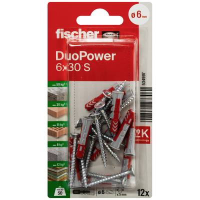 Packung mit Fischer DuoPower 6x30 S Dübeln und Schrauben, geeignet für unterschiedliche Materialien. Enthält 12 Stück, Durchmesser 6 mm.