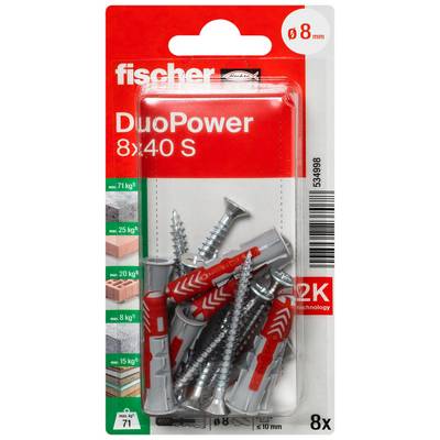 Packung fischer DuoPower 8x40 S Dübel und Schrauben, mit '8 mm' Größe, 8er-Set und Tragfähigkeitswerte auf dem Etikett abgebildet.