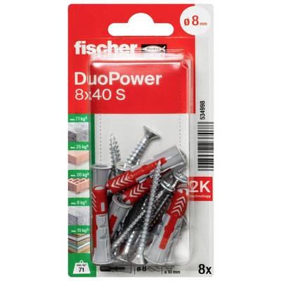 Verpackung mit 8 Schrauben und Dübeln der Marke 'fischer' DuoPower 8x40 S. Geeignet für verschiedene Materialien mit Traglastangaben.