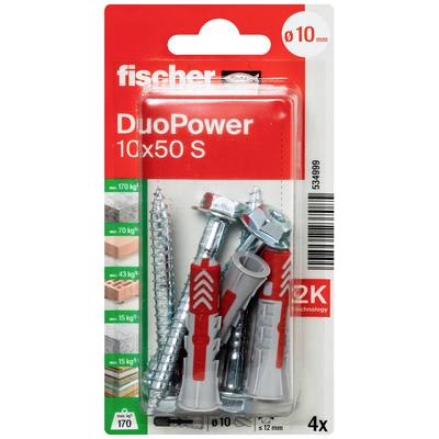 Verpackung mit vier Dübel und Schrauben, geeignet für Beton, Ziegel, Porenbeton und Rigips. Tragkraft: bis zu 170 kg.