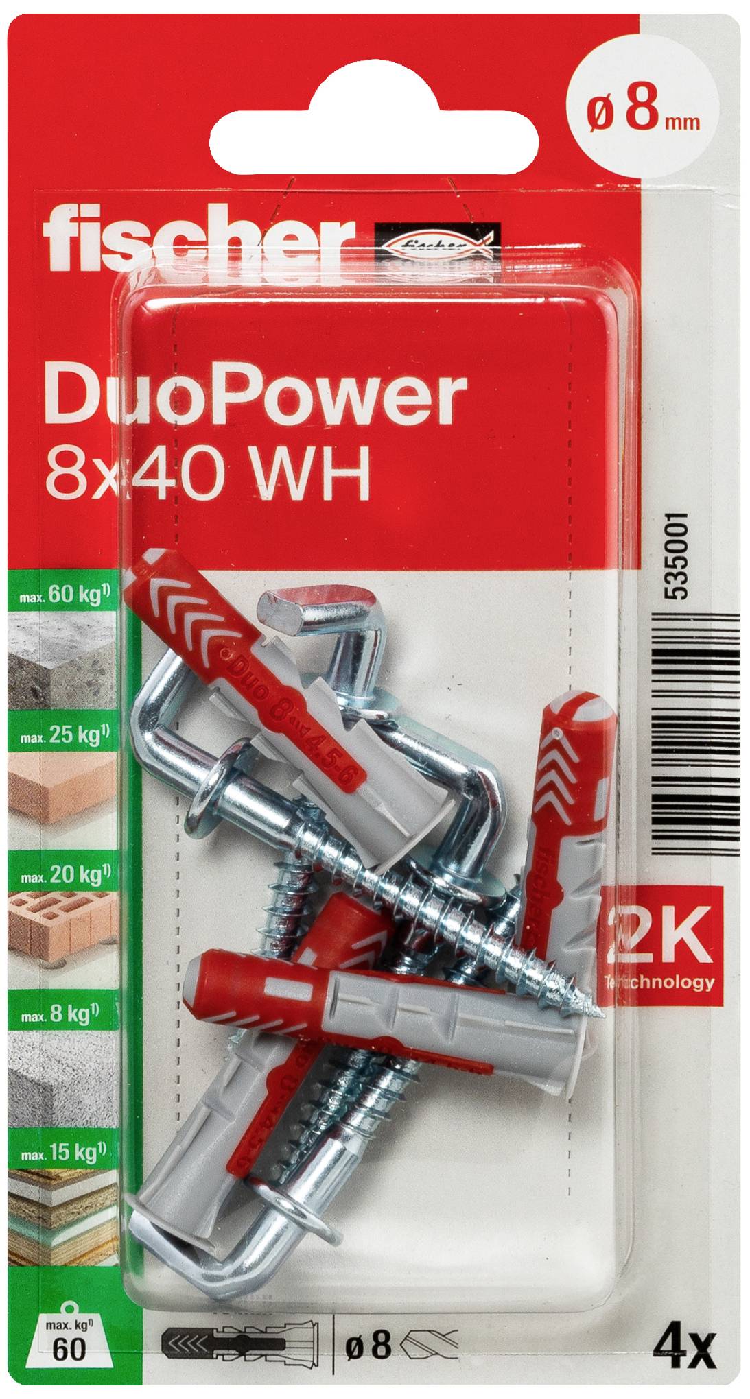 'Fischer DuoPower 8x40 WH' Dübel-Set für verschiedene Materialien, Belastbarkeit bis 60 kg. Verpackung zeigt vier Dübel und Schrauben.