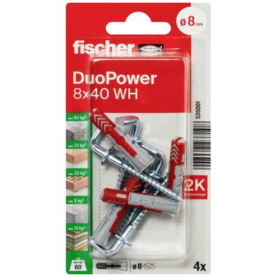 'Fischer DuoPower 8x40 WH' Dübel-Set für verschiedene Materialien, Belastbarkeit bis 60 kg. Verpackung zeigt vier Dübel und Schrauben.