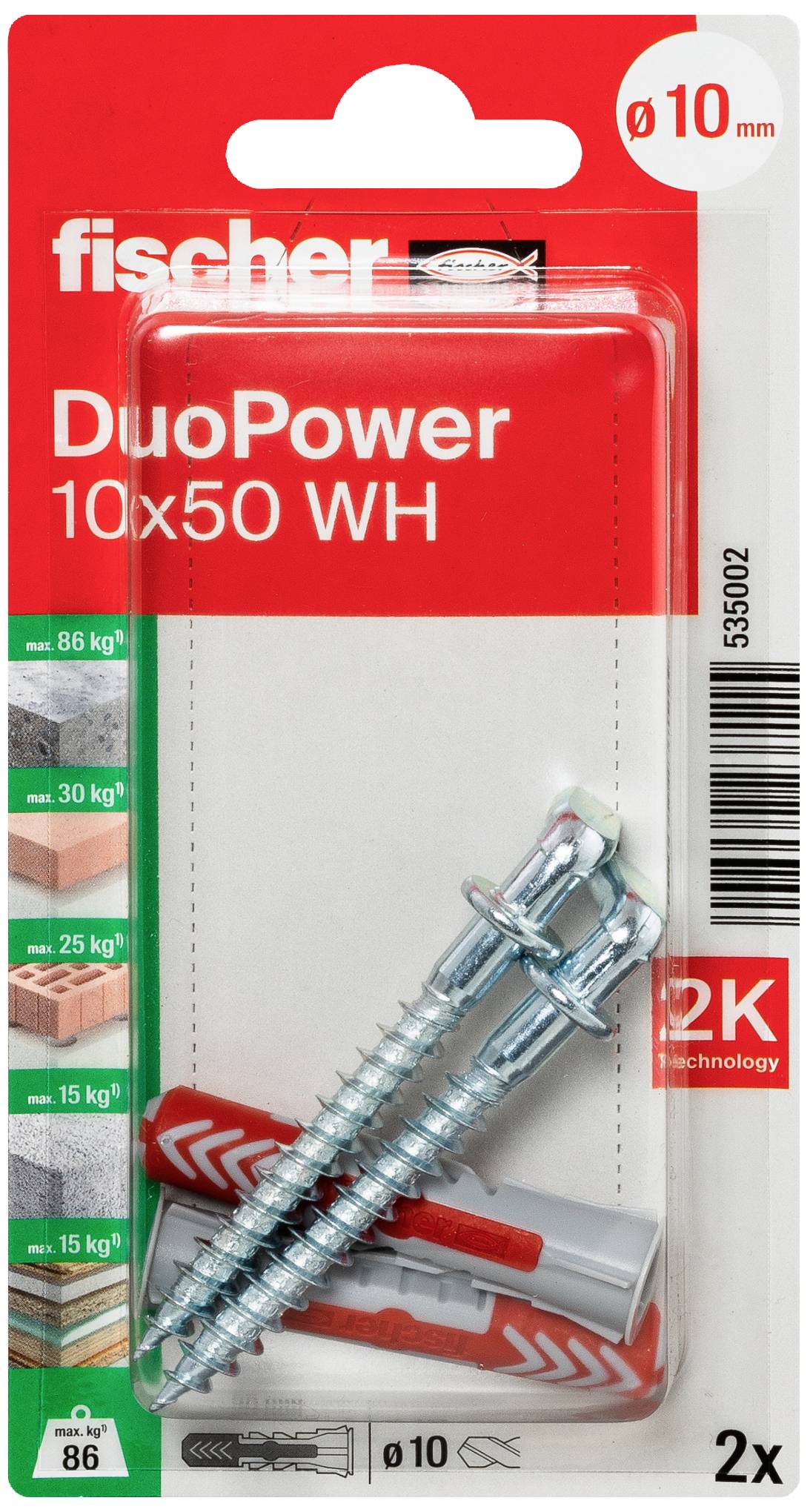 Verpackung mit zwei Fischer Dübeln und Schrauben, 'DuoPower 10x50 WH'. Geeignet für verschiedene Materialien mit Lastangaben.
