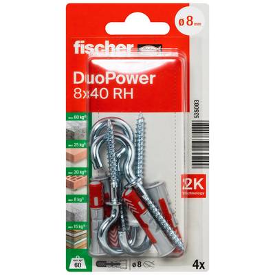 Packung Fischer DuoPower 8x40 RH Wanddübel mit Schrauben, zeigt 4 Stück, 8 mm Durchmesser und 60 kg Tragfähigkeit.