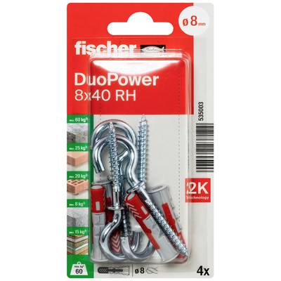 Verpackung mit Fischer DuoPower Dübeln (8x40 RH), geeignet für verschiedene Materialien und Belastungen bis 60 kg. Enthält 4 Stück.