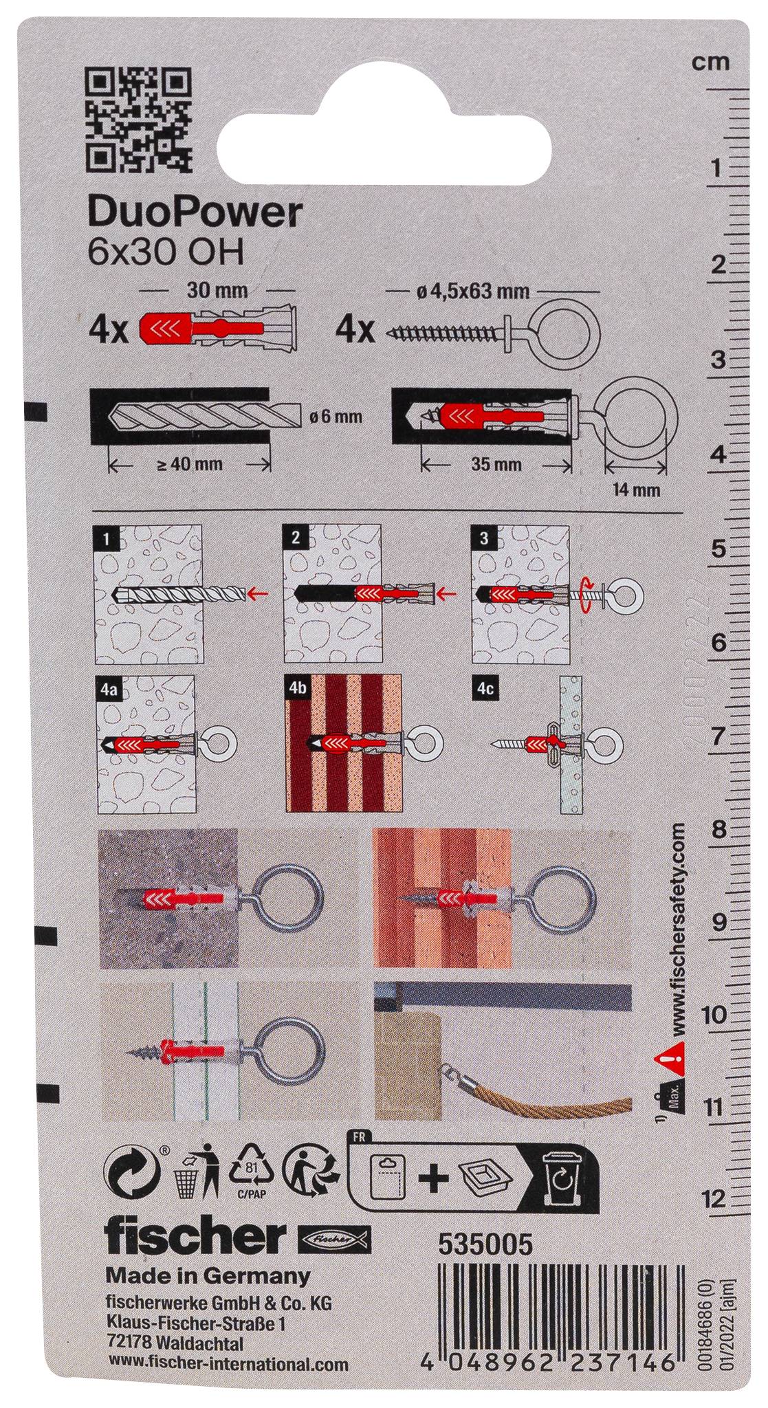 Packung mit Fischer DuoPower 6x30 Wanddübeln, zeigt Installationsschritte, Größen und enthaltene Mengen für Schrauben und Dübel.