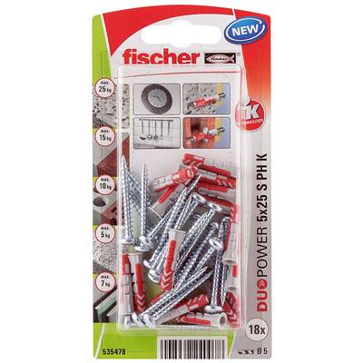 Packung mit Fischer-Dübeln und Schrauben, geeignet für verschiedene Wandtypen. Oberteil zeigt Gewichtsbegrenzungen und Anwendungen.