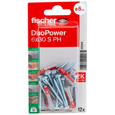 Fischer DuoPower Wanddübel-Set mit Schrauben, gekennzeichnet für 6-mm-Löcher und 6x30 S PH, 12er Pack.