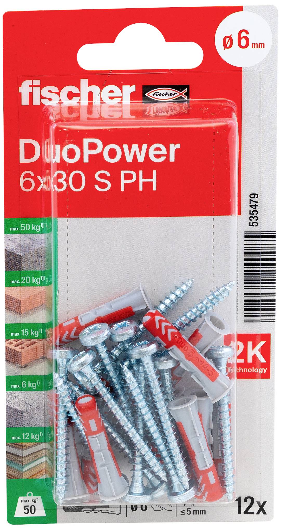 'Packung mit Fischer DuoPower 6x30 S PH Dübeln und Schrauben, 12 Stück, für Belastungen bis 50 kg, Ø 6 mm, Länge 30 mm.'