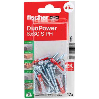 'Packung mit Fischer DuoPower 6x30 S PH Dübeln und Schrauben, 12 Stück, für Belastungen bis 50 kg, Ø 6 mm, Länge 30 mm.'