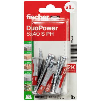 Verpackung mit Fischer DuoPower Dübel und Schrauben, 8x40 mm. Geeignet für Beton, Ziegel und Gipskarton bis 71 kg Belastung.