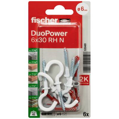 Verpackung von Fischer DuoPower 6x30 RH N Haken mit Dübeln und Schrauben, geeignet für Lasten bis 45 kg, Ø 6 mm, 6 Stück.
