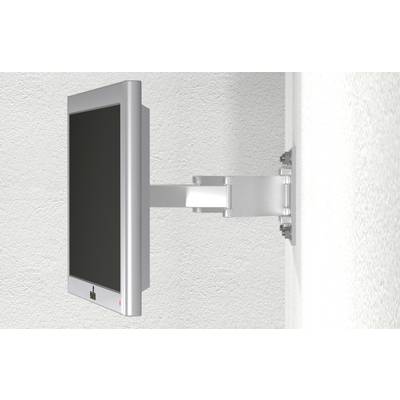 Ein flacher Computermonitor ist mit einem verstellbaren Metallarm an einer Wand montiert. Der Monitor ist ausgeschaltet.