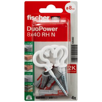 Packung fischer DuoPower Wanddübel, 8x40 RH N, mit 4 weißen Ankern und Schrauben; Verpackung zeigt ø 8 mm und Menge 4x.