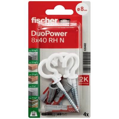 'Fischer DuoPower 8x40 RH N' Haken- und Dübelset, 4 Stück. Geeignet für Lasten bis 60 kg bei Beton, 25 kg bei Ziegel. Enthält passende Dübel.