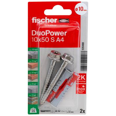 Paket mit Fischer DuoPower Dübeln und Schrauben, 10x50 mm, 2er-Set für Beton und Mauerwerk, mit rot-grauer Verpackung.