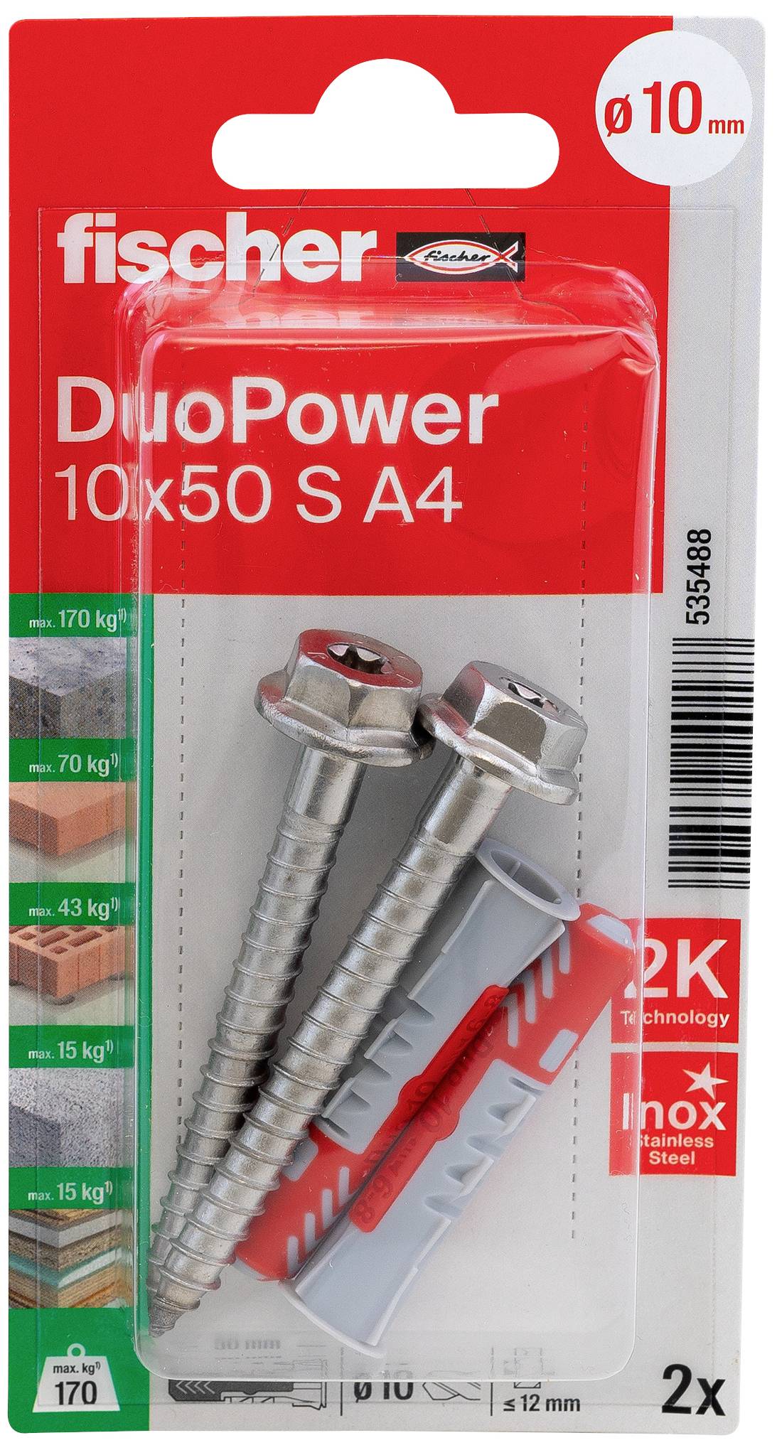 Verpackung von Fischer DuoPower 10x50 S A4 Dübeln, enthalten sind zwei Dübel und Schrauben, geeignet für verschiedene Materialien.