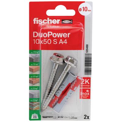 Verpackung von Fischer DuoPower 10x50 S A4 Dübeln, enthalten sind zwei Dübel und Schrauben, geeignet für verschiedene Materialien.