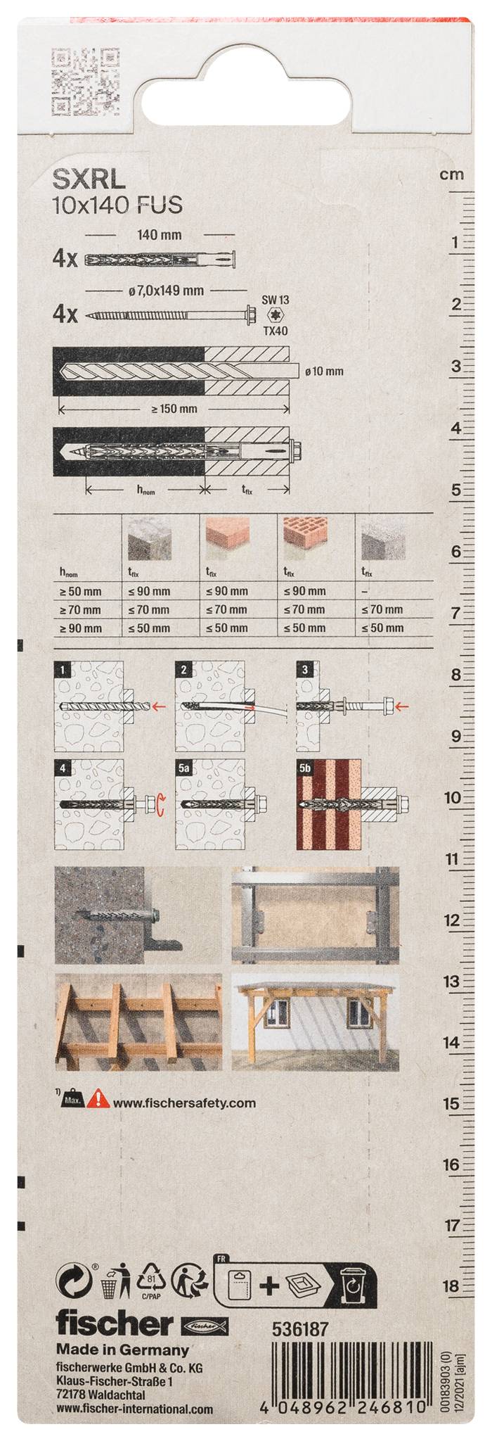 Produktpaket für Fischer SXRL 10x140 FUS Wandanker, mit Größen, Last-/Installationsdiagrammen und einer Linealmessskala.