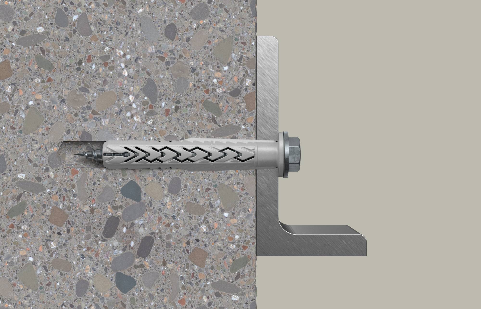 Metallverankerungsbolzen mit Expansionshülse in eine Betonwand gebohrt, gesichert durch eine Winkelhalterung auf der rechten Seite.