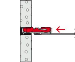Schematische Darstellung eines Türschließmechanismus in Seitenansicht, mit einer roten Komponente und einem Pfeil, der nach rechts zeigt.