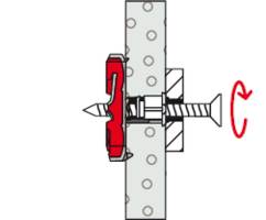 Schraubmechanismus, der sich durch eine Metallplatte dreht. Ein roter Griff wird gedreht, um die Schraube durch die Platte zu bewegen.