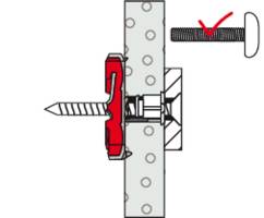 Diagramm zeigt eine Wandverankerung mit einer Schraube und einem markierten Haken für korrekte Installation.