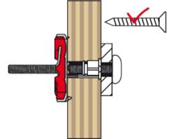 Diagramm zeigt eine korrekte Schraubenmontage durch Holz mit Mutter und Unterlegscheibe; rote Markierung zeigt falsche Position.
