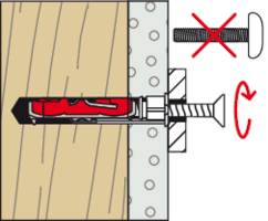 Diagramm zeigt eine Schraube und Dübelanordnung in einer Wand. Eine Schraube wird in den Dübel geschraubt, ein anderer Schraubentyp ist durchgestrichen.