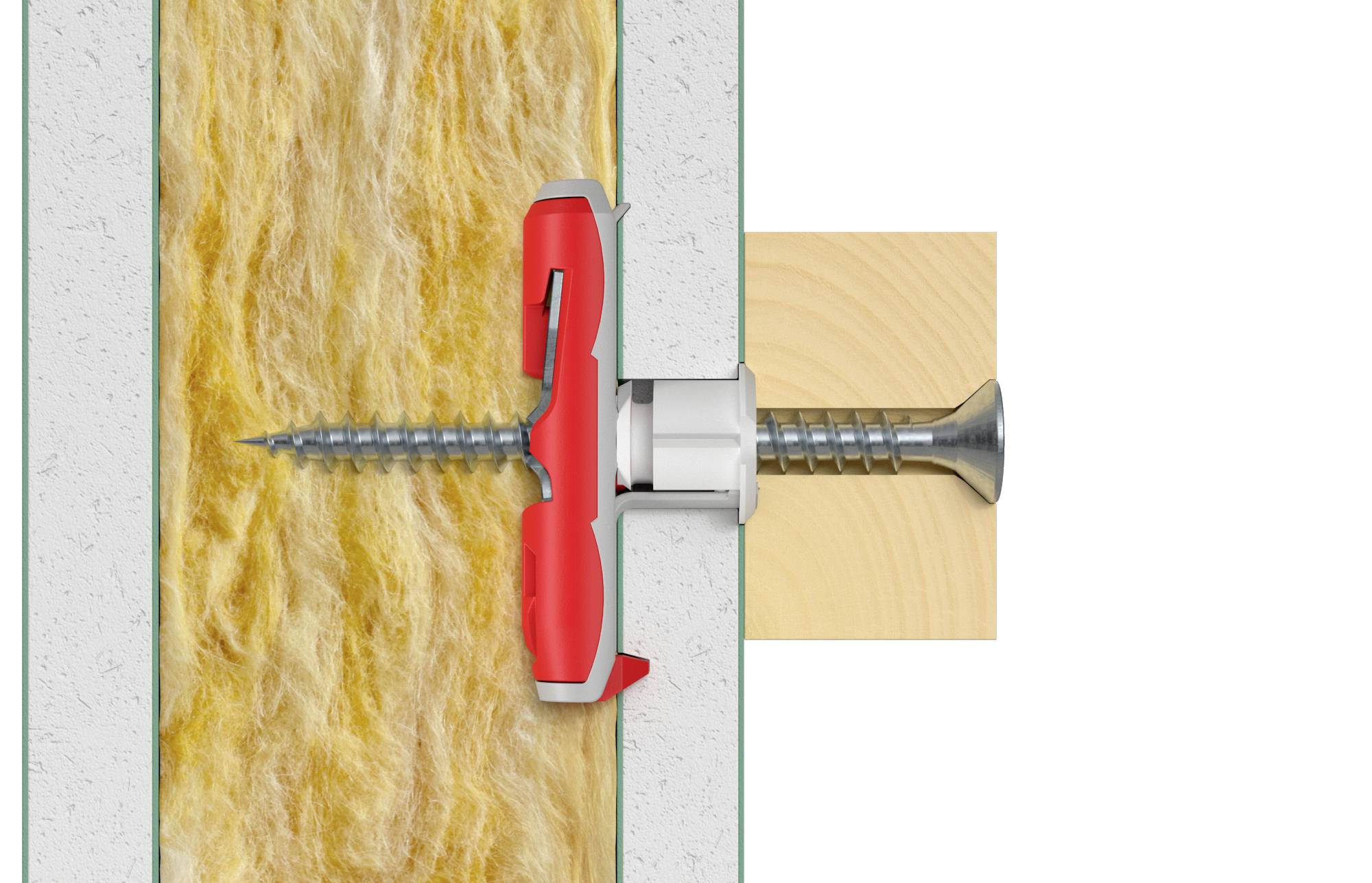 Querschnittdarstellung einer Schraube, die in einer Holzwand mit Isolationsmaterial fixiert ist. Zeigt Befestigungstechnik in Wänden.