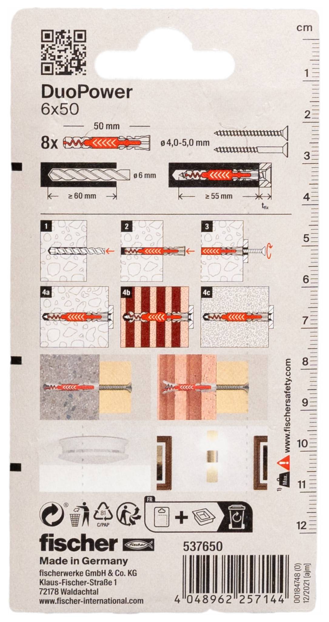 Fischer DuoPower 6x50 Wandstecker-Verpackung mit Installationsschritten, Schraubengrößen und Produktspezifikationen für 8 Dübel.