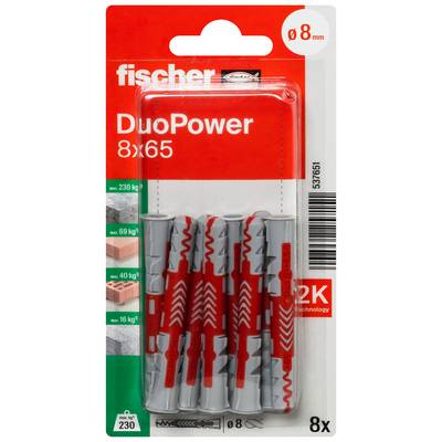Paket fischer DuoPower Wanddübel, Größe 8x65, 8 Stück, für 8 mm Bohrer; Traglastwerte auf der Vorderseite dargestellt.
