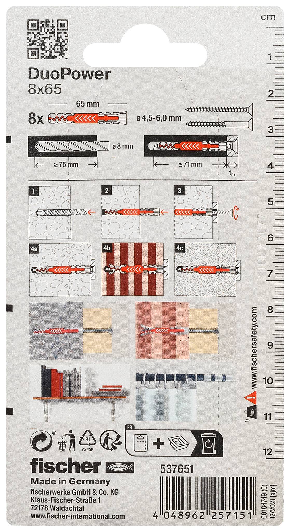 Fischer DuoPower 8x65 Wanddübel mit Angaben zur Bohrergröße und Schraubenbereich, mit Installationsdiagrammen und Produktbarcode.