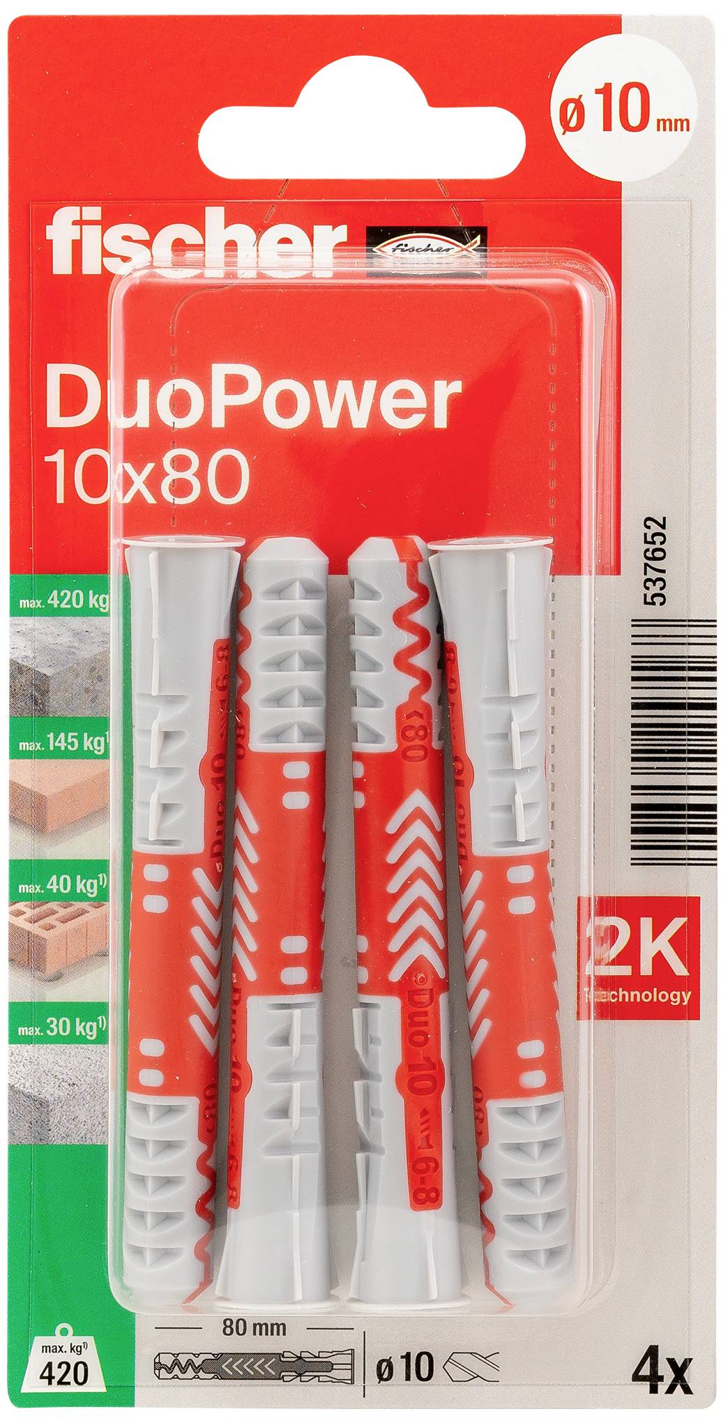 Verpackung von Fischer DuoPower Dübeln, 10x80 mm, 4 Stück. Geeignet für 420 kg Beton, 145 kg Mauerwerk, 40 kg Lochstein.