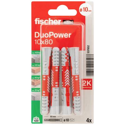 Verpackung von Fischer DuoPower Dübeln, 10x80 mm, 4 Stück. Geeignet für 420 kg Beton, 145 kg Mauerwerk, 40 kg Lochstein.