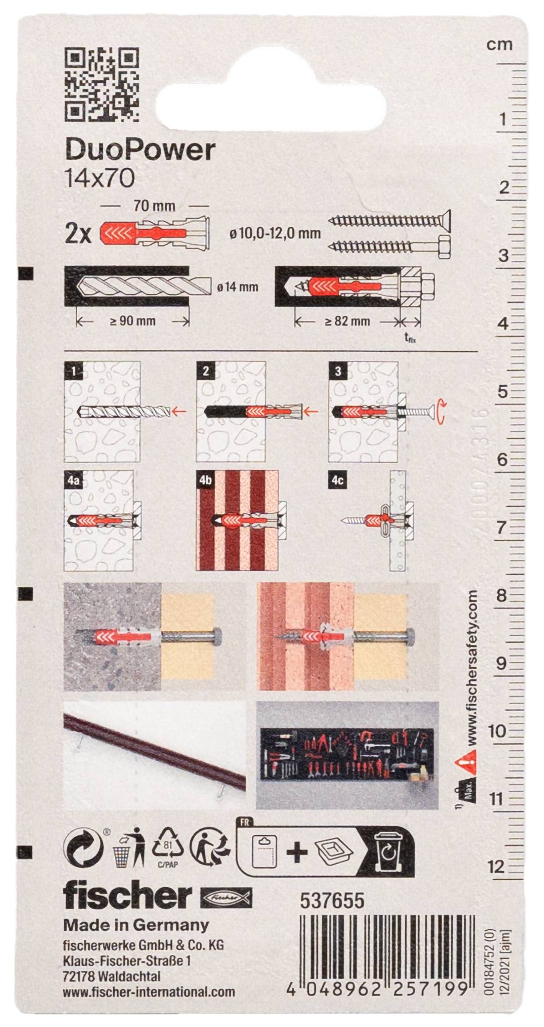 Fischer DuoPower Wandstecker-Set für 14x70 mm Dübel mit Installationsdiagrammen, Bohrgrößen und Produktbarcode