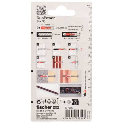 Fischer DuoPower Wandstecker-Set für 14x70 mm Dübel mit Installationsdiagrammen, Bohrgrößen und Produktbarcode