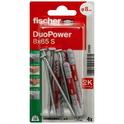 Packung Fischer DuoPower 8x65 S Dübel mit Schrauben, für 8 mm Bohrlöcher und bis zu 4fache Befestigung.