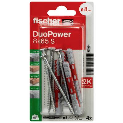 Verpackung mit Fischer-Dübeln und Schrauben, 8x65 mm Größe, geeignet für eine Last bis zu 130 kg. Enthält vier Sets.