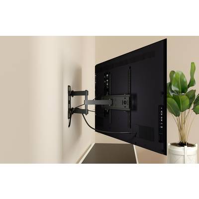 Flachbildfernseher an einer Wand montiert mit einer verstellbaren Halterung, zeigt die Rückseite des Fernsehers neben einer Topfpflanze.