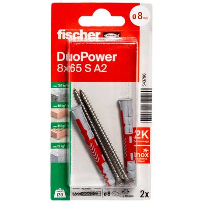 Packung Fischer DuoPower Wanddübel, 8x65 mm, 2 Stück, in rotweiß karierter Blisterverpackung mit Schraub- und Dübelbewertungen auf der Vorderseite.
