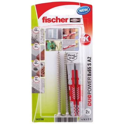 Verpackung mit Fischer-Dübeln und Schrauben. Zeigt maximale Tragkraft für verschiedene Materialien. Zwei Dübel und zwei Schrauben enthalten.