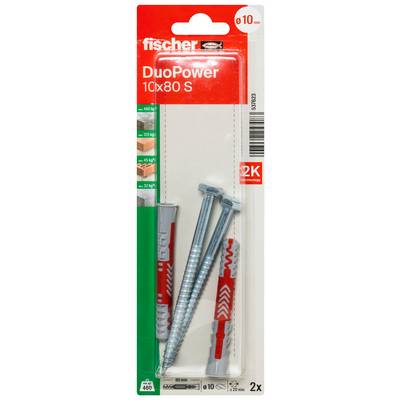 Packung Fischer DuoPower 10x80S Wanddübel, zeigt 2 Dübel, 2 Schrauben und 2K-Technologie auf rot-weißer Verpackung.