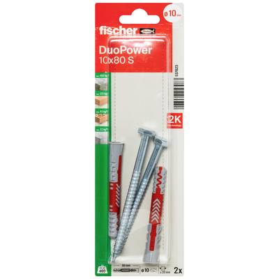 Packung mit Fischer DuoPower 10x80 mm Dübeln und Schrauben, geeignet für verschiedene Baustoffe und belastbare Befestigungen.