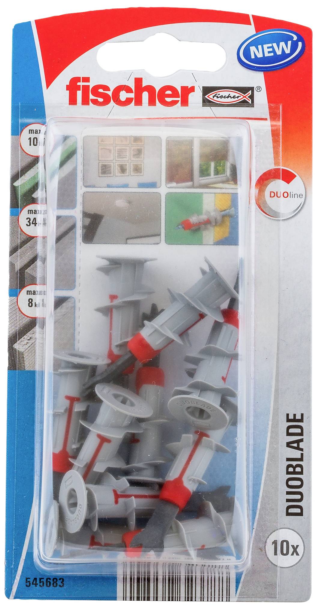 'Verpackung mit grauen Dübeln der Marke Fischer, Modell DUOBLADE. Enthält 10 Stück.'