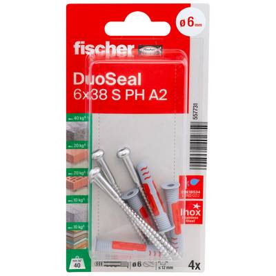 Packung fischer DuoSeal Wanddübel und Schrauben, gekennzeichnet für 6 mm Bohrungen, 6x38 mm, 4er-Set.