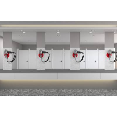 Reihe von Elektrofahrzeug-Ladestationen, die auf gekachelten Pfeilern in einem modernen Innen-Parkhaus oder einer Garage montiert sind, mit weißen Türen dahinter.