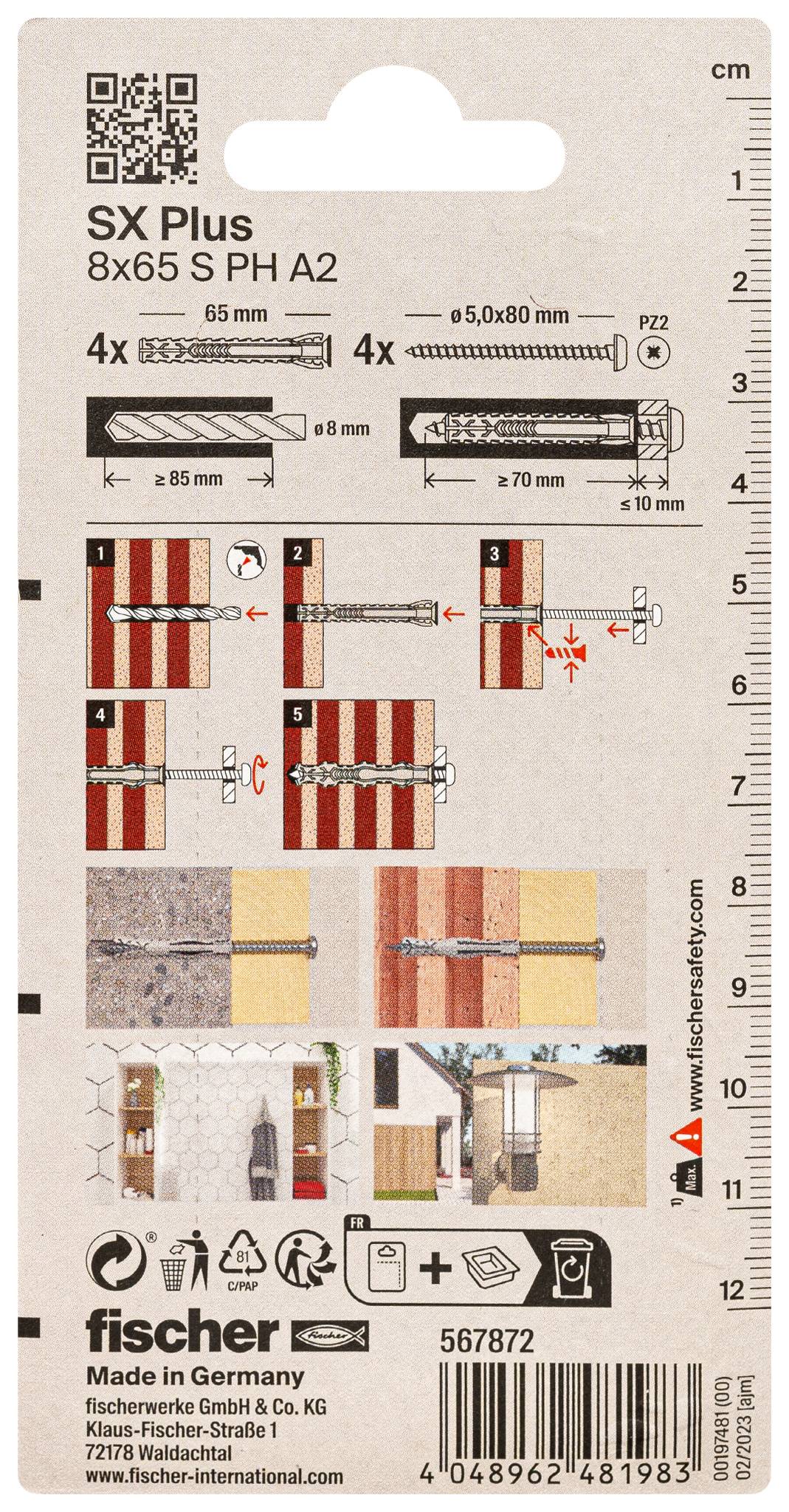 Verpackung für Fischer SX Plus Dübel, Größe 8x65 S PH A2, mit 4 Expansionsdübeln und 4 Schrauben sowie Schritt-für-Schritt-Installationsdiagrammen.