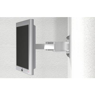 Flachbildschirm-Monitor an einer Wand montiert mit silbernem verstellbarem Arm, in Seitenansicht gegen eine schlichte Innenwand gezeigt.